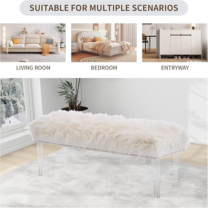 Modern White Faux Fur Ottoman Bench - Upholstered Furry Bench with Acrylic Legs for Bedroom, Living Room, Entryway, Vanity or Bed End