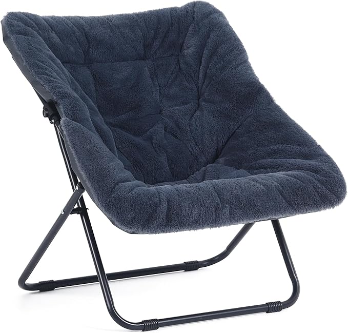 Saucer Chair, Comfy Doorm Chairs, Oversized Folding Faux Fur Chair, Foldable Metal Frame Chair, for Bedroom, Living Room, Balcony, Study, Playroom (Navy Blue)