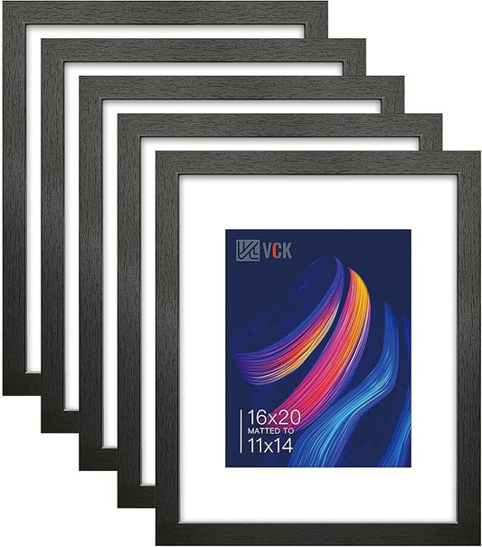 VCK 16x20 Picture Frames Matted to 11x14 Picture Set of 5 Black Wood Photo Frames with Real Glass Desktop and Wall Hanging Frames (Black, 16 x 20)