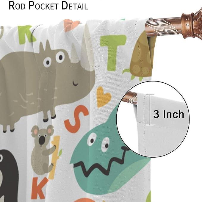 Alphabet Curtains，Cute Cartoon Animals English Pattern Blackout Print Window Drapes for Bedroom Living Room 52x84 Inch