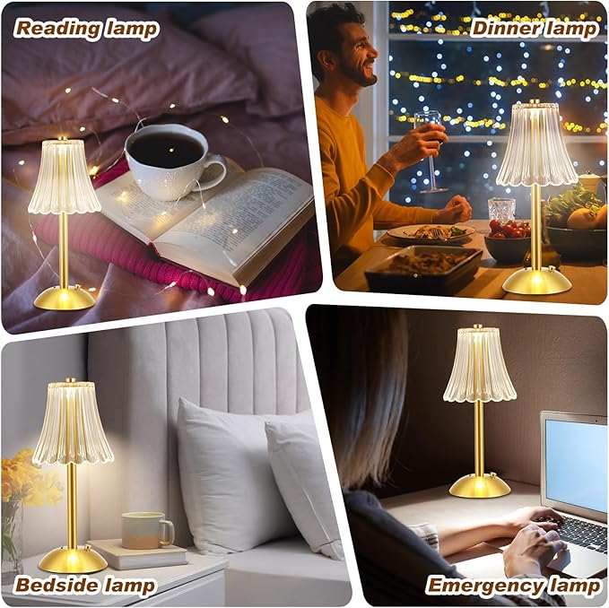 Liliful 30 Pcs LED Portable Cordless Table Lamp Touch Battery Operated Rechargeable Gold Desk Lamp 3 Color Dimmable for Bedroom Living Room Dining (Gold,Rose Style)