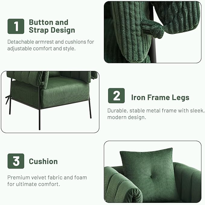 Furniliving Large Accent Chairs for Living Room Comfy Sofa Chairs with Pillow Lounge Chair Reading Chair with Metal Frame Upholstered Accent Chairs Room Side Chair, Soft Cushion, Corduroy, Green