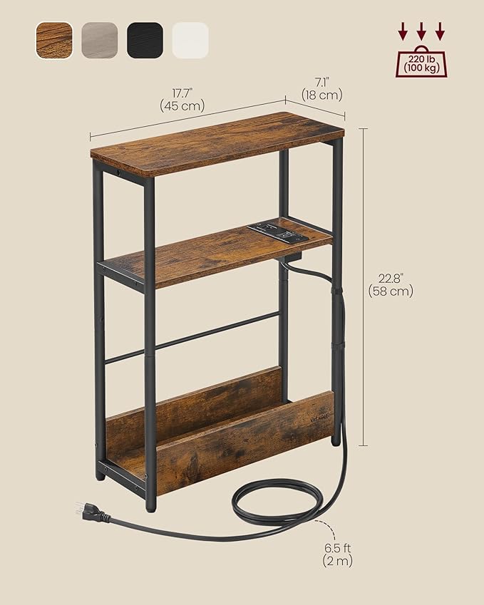 VASAGLE Side Table with Charging Station, Narrow End Table, 3-Tier Nightstand, Sofa Table for Small Spaces, Magazine Rack, for Living Room, Bedroom, Study, Rustic Brown and Ink Black ULET335K01