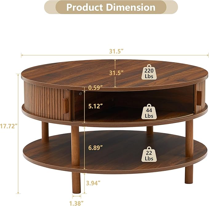 31.5” Round Coffee Table with Storage, Mid Century Modern 2 Tier Coffee Table with Tambour Sliding Door, Solid Wood Legs Fluted Center Table for Living Room Home Office Small Space, Walnut