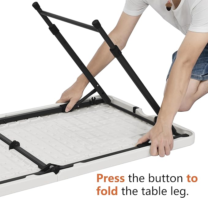 Amazon Basics 4 Foot Rectangular Folding Dining Table, 4 Adjustable Height Settings with Carrying Handle, Indoor & Outdoor, White, 47.8 x 23.9 x 33.9 in