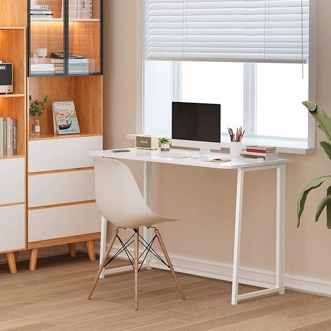 4NM 39.4" Small Folding Desk, Foldable Computer Home Office Desk, Study Writing Table for Small Space Saving Bedroom, Easy Assembly - All White