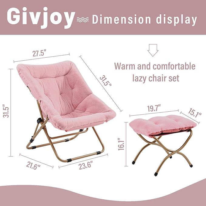 Comfy Folded Chair with Ottoman, Oversized Folding Faux Fur Chair Soft Furry Lounge Lazy Chair with Metal Frame Moon Chair Accent Chair for Bedroom, Living Room, Dorm Rooms