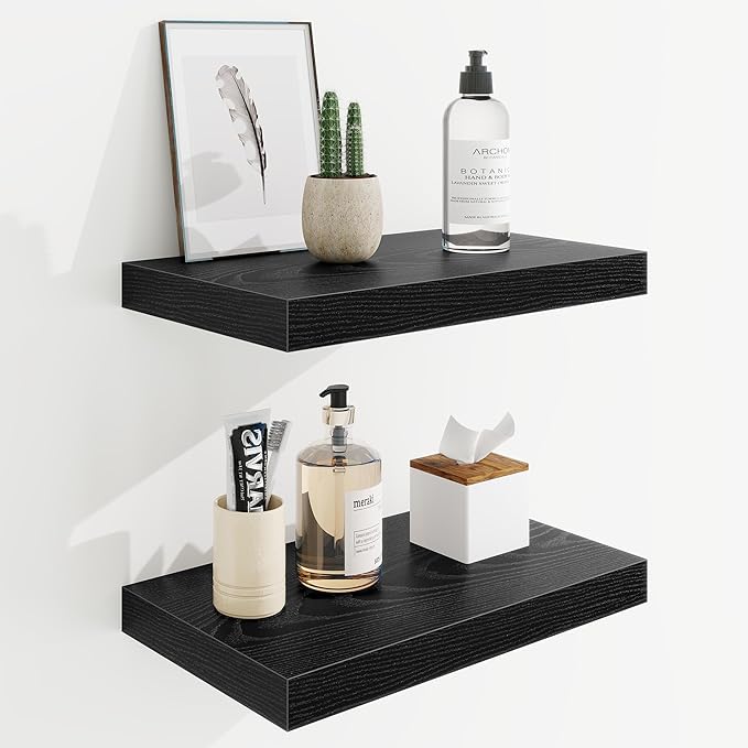 16in Floating Shelves for Wall, 16"W x 9.25"D x 1.25"H, 2 Pack Long Wall Mounted Engineered Wood Shelves with Invisible Brackets for Living Room, Bedroom, Bathroom, Kitchen Decor and Storage, Black