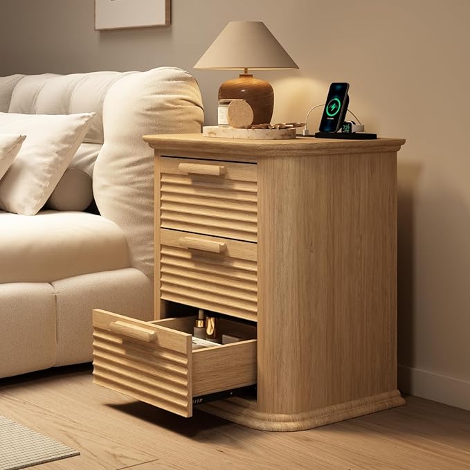 22'' Fluted Nightstand with Charging Station Set of 2, Modern End Table with 3 Drawers and Storage, Wood Side Table Dresser with Round Corner for Bedroom, Living Room, Curved Profile, Natural Oak