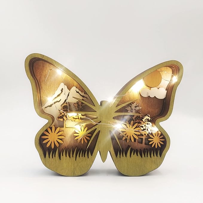 3D Wooden Carving Animals Lamp - Creative Fox Squirrel Wood Carved LED Night Light Garden Yard Wooden Animals Sculpture Ornaments Desktop Home Decor Birthday Gifts for Family Friend (Butterfly)