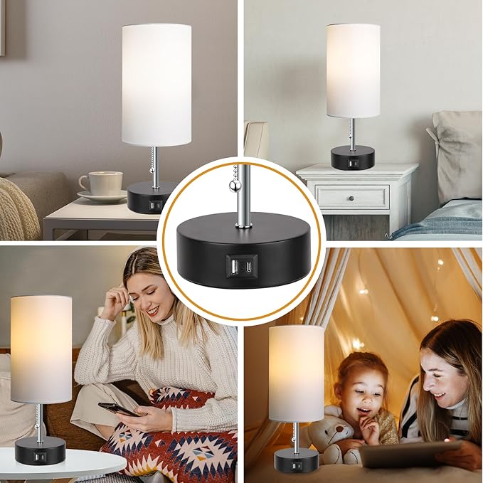 3-Color Temperature Bedside Lamp Nightstand Lamp with USB A Port and C Port, Table Lamp for Bedroom with LED Bulb Small Lamps for Living Room (White)