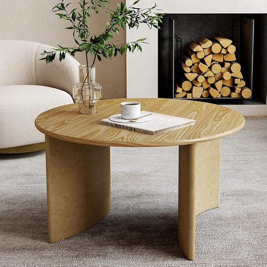 31.5" Mid Century Modern Coffee Table for Living Room, Round Table with Rubber Legs, Small Unique Cocktail Tea Table for Living Room Bedroom Apartment Small Space, Nutural