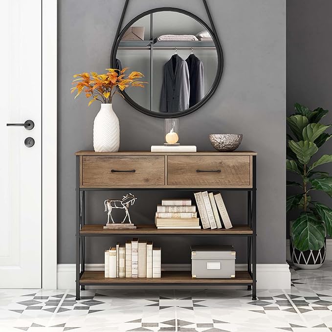 HITHOS Industrial Console Table with Drawers, Vintage Hallway Foyer Table with Storage Shelves, Narrow Long Sofa Entryway Table for Living Room, Rustic Brown