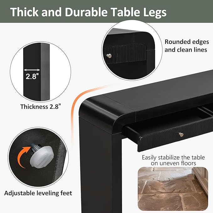 kevinplus 54.3'' Rustic Wood Console Table Sofa Table with Fluted Drawer Storage for Entryway, Modern Elegant Design & Curved Edge, Easy Assemble, Black