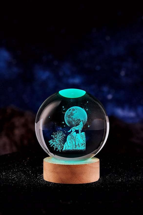 Wolf Crystal Ball Lamp with LED Wooden Base, 16 Colors Change & Remote Control Moon Crystal Ball Night Light, Upgraded 3.15 Inch Glass Light, Gift for Kids Wife Girlfriend (Wolf)
