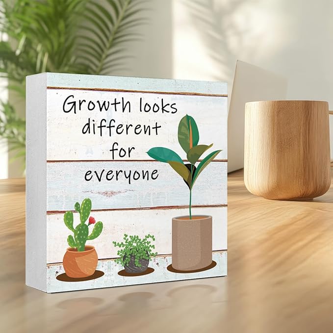 LVQHI Inspirational Wood Block Sign,Growth Looks Different for Everyone Plant Motivational Wooden Block Sign for Home Bedroom Office Desk Table Decor,Inspirational Cheer Up Gift for Coworker Wood