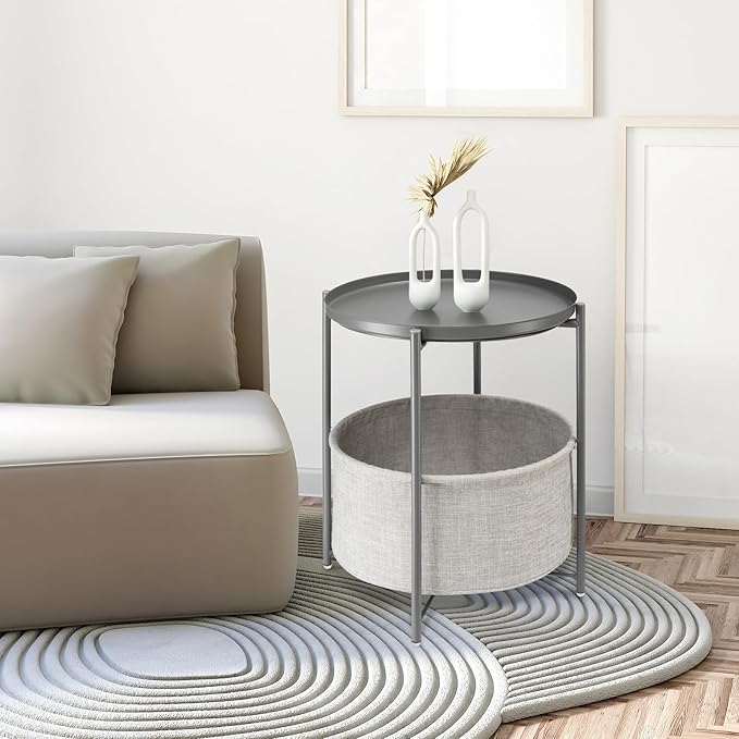danpinera Round Side Table with Fabric Storage Basket, Metal Side Table Small Bedside Nightstand with Removable Tray Top for Living Room, Bedroom, Nursery, Laundry, Gray