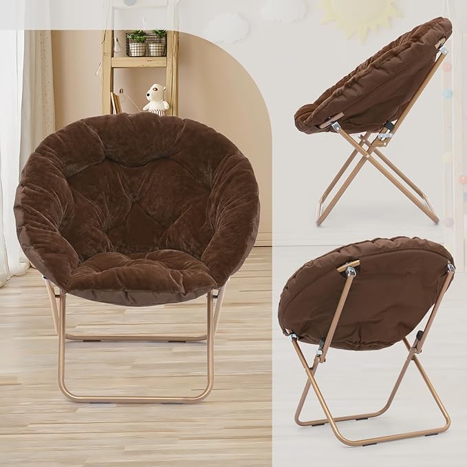 Athena Collection Saucer Chair with Ottoman Comfy Chair for Bed Room Living Room Folding Round Cozy Chair Faux Fur Metal Frame Foldable Lazy Chair Accent Chair Reading Chair Set of 2, Brown