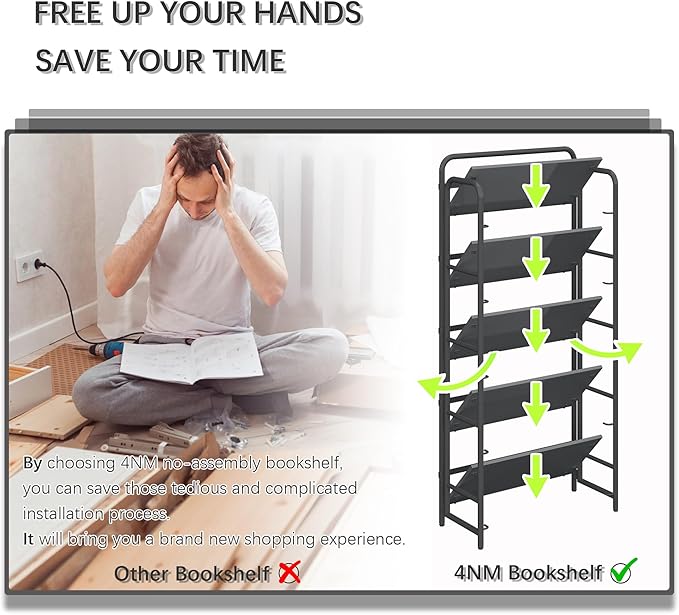 4NM No Assembly Folding Bookshelf, 5 Tiers Collapsible Book Shelves Open Industrial Foldable Storage Bookcase Shelf for Bedroom, Living Room, Home Office - All Black