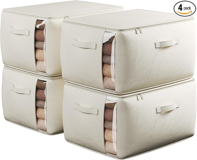 Large Canvas Clothes Storage Bags with Thick Handles and Clear Window, Foldable Cotton Linen Underbed Closet Organizer for Clothing, Blankets and Bedding, 60L, 4 Pack, Beige