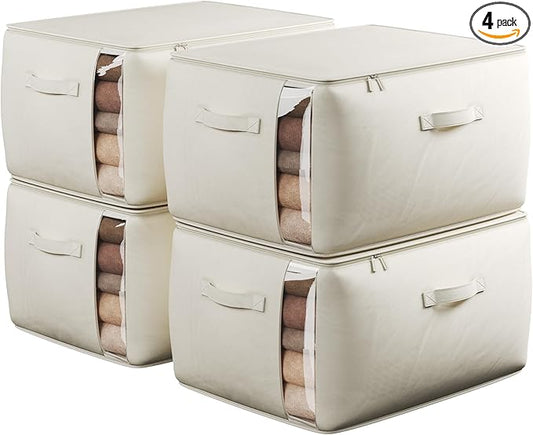 Large Canvas Clothes Storage Bags with Thick Handles and Clear Window, Foldable Cotton Linen Underbed Closet Organizer for Clothing, Blankets and Bedding, 60L, 4 Pack, Beige
