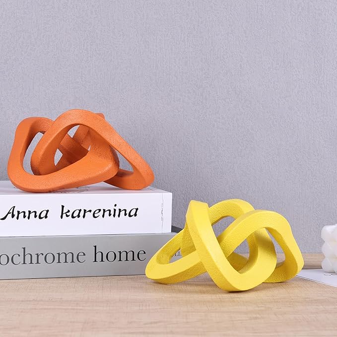 Infinity Knot Sculpture Yellow Knot Decor Object, Abstract Knick Knacks Coffee Table Modern Statue, Yellow Sculpture for Home Living Room Table Ornaments and TV Stand Bookshelf Decorative