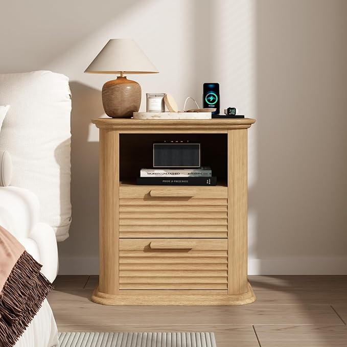 22'' Fluted Nightstand with Charging Station, Modern End Table with 2 Drawers and Open Storage, Wood Night Stand with Round Corner, Side Bedside Table for Bedroom, Living Room, Curved Profile,Natural