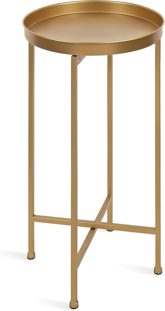 Kate and Laurel Celia Round Metal Foldable Accent Table with Tray Top, Gold