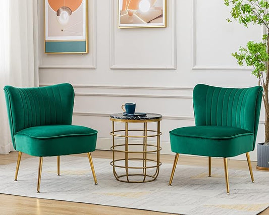 Velvet Accent Chair Set of 2 Comfy Living Room Chairs with Golden Legs Wingback for Bedroom Guest Room, Green