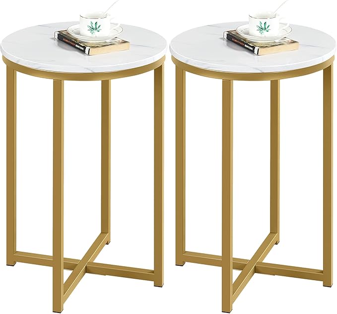 Yaheetech Round End Table Set of 2,16in Faux Marble Accent Table,Modern Side Table with Marble Top and Metal Frame,Small Coffee Table Telephone Table for Living Room/Small Space,Gold