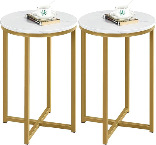 Yaheetech Round End Table Set of 2,16in Faux Marble Accent Table,Modern Side Table with Marble Top and Metal Frame,Small Coffee Table Telephone Table for Living Room/Small Space,Gold