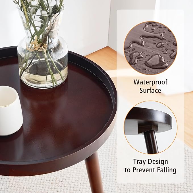 Apicizon Brown Round Side Table Set of 2, Tray Nightstand Sofa Coffee End Table for Living Room, Bedroom, Small Spaces, Easy Assembly Bedside Table, 15 x 18 Inches, Brown