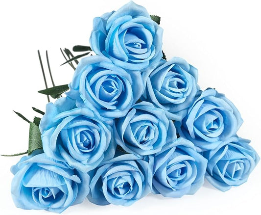 10 PCS Artificial Roses with Long Stems Silk Flowers Realistic Foam Flowers Fake Roses for Valentine's Day Home Wedding Decor(Light Blue)