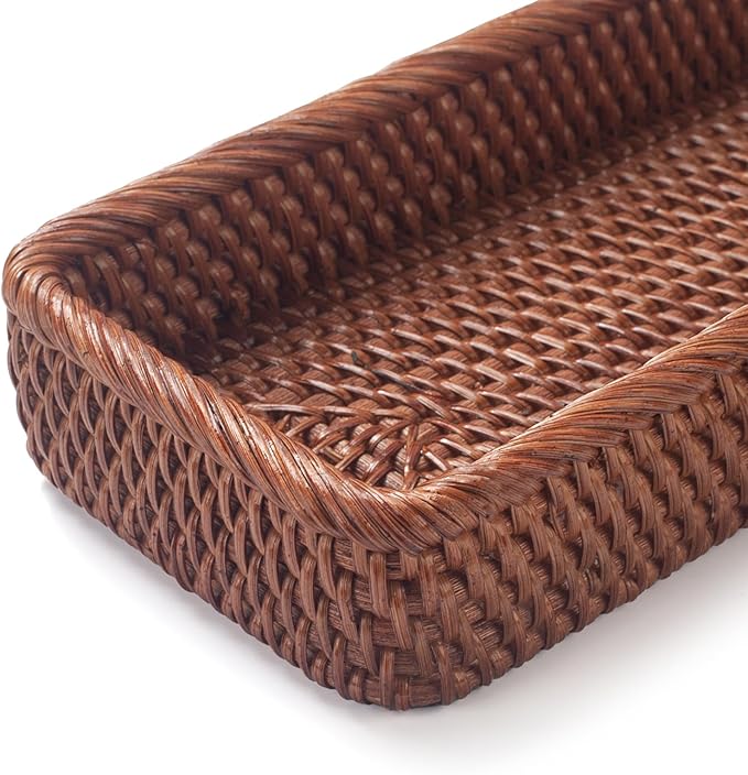 Rattan Bathroom Vanity Trays Toilet Tank Baskets Long Narrow Hand Towel Storage Basket for Storage, Decorative (Honey Brown 10.2 x 4.9 x 1.6 inch)