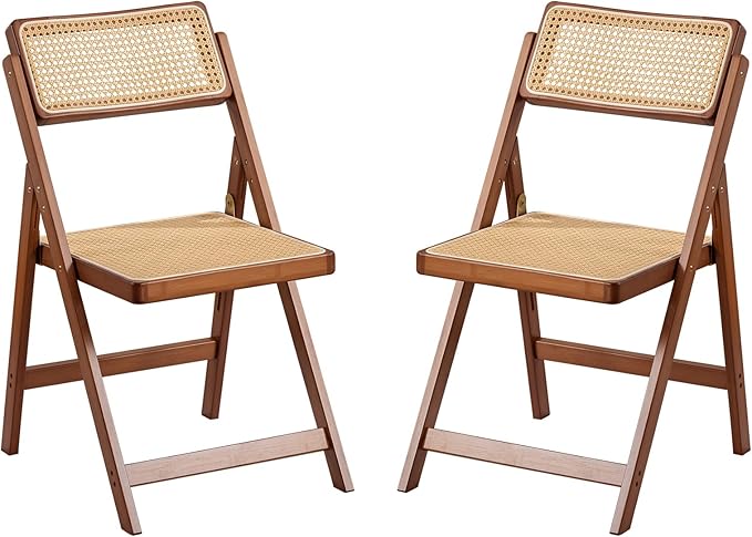 Rattan Folding Chairs, Modern Mid Century Dining Chairs Set of 2, Outdoor Bamboo Chairs for Bedroom Living Room Reading Room Dining Kitchen, Walnut