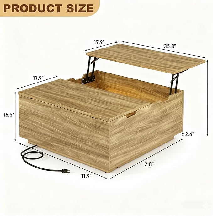 36" Lift Top Coffee Table with Storage, Wood Square Coffee Table with LED Lights and Charging Station, Multi-Function Living Room Center Table with Large Hidden Space, Oak