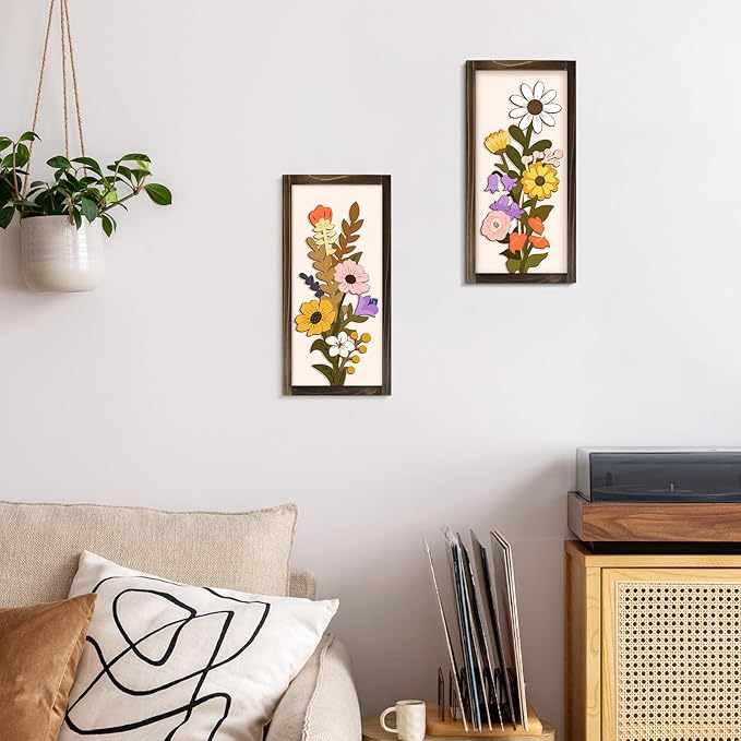 Kas Home 3D Floral Wall Art, 2 Set Rustic Wood Boho Flower with Vase Framed Wall Decor for Bathroom Living Room Bedroom Office Housewarming Gift, Ready To Hang Plaque Sculptures (White-A, 6L" x 12W", Framed)