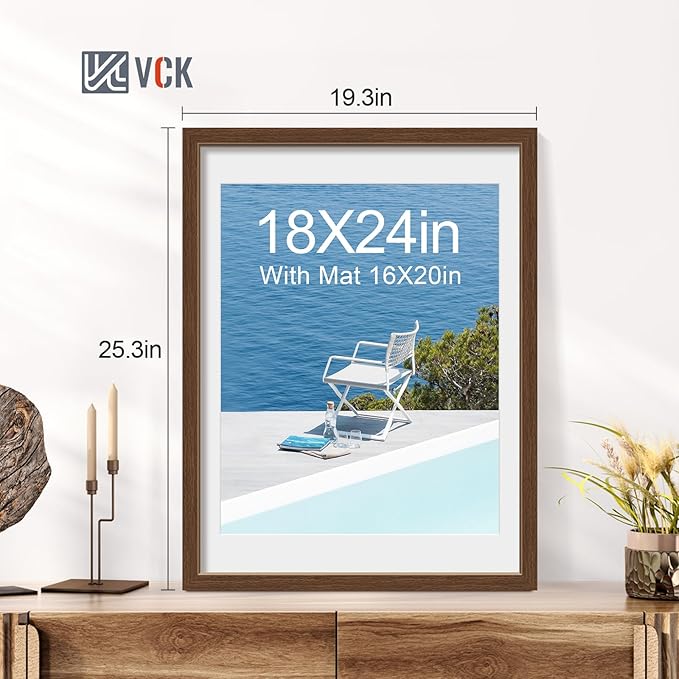 VCK 18x24 Poster Frame 2 Pack - Brown, High-End Wood Picture Frames with Polished Plexiglass, Display 16x20 Photo with Mat or 18x24 without Mat, Art Gallery-Quality, Wall Hanging, Brown