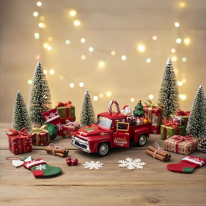 Christmas Red Truck Decor 5 Inch Vintage Farmhouse Metal Truck with Mini Christmas Village Accessories Rustic Xmas Tiered Tray Decor Winter Holiday Tabletop Decorations Xmas Party New Year Gifts