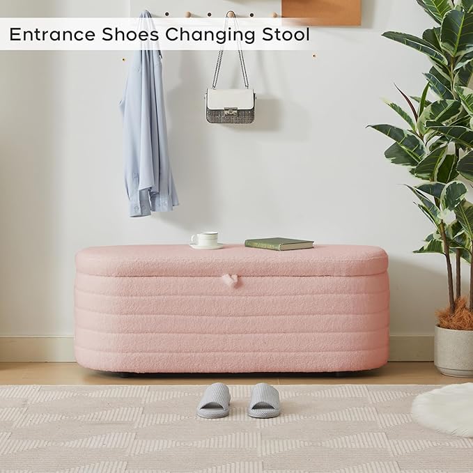 Storage Ottoman Bench End of Bed for Bedroom,45 inch Boucle Upholstered Entryway Shoe Seat Bench w/ Storage,Sherpa Modern Cute Padded Blanket Chest Stool Foot Rest for Living Room,Window Seating, Pink