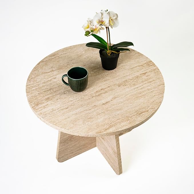 Travertine Efect Coffee Table Modern Side Table for Living Room Accent Table for Sofa or Bedroom (22.8x22.8x16.5 inches)