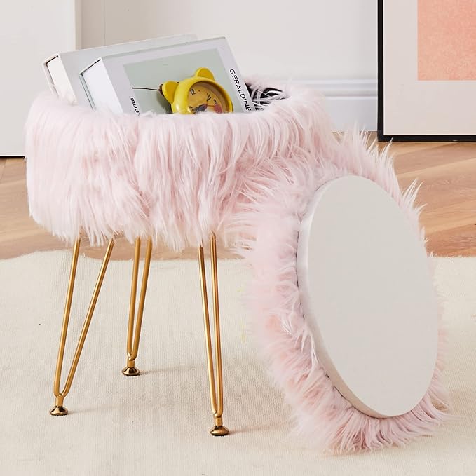 Mxfurhawa Faux Fur Storage Ottoman Round Furry Vanity Stool Marble Grain Tray Coffee Table Compact Footrest Stool with 4 Metal Legs Soft Makeup Seat Foot Stools for Living Room Bedroom Entryway Pink