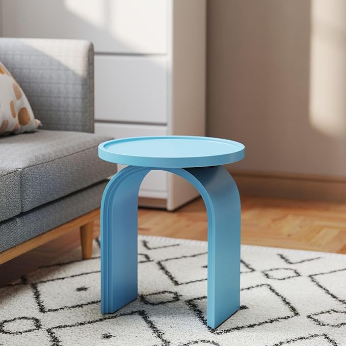 VESCASA 17.75" W Round Sofa Side Table, Modern Nightstand with Arched Wooden Legs, Small Accent End Table for Living Room, Bedroom, Baby Blue