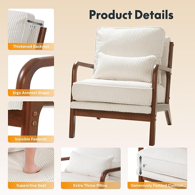 FLEXISPOT AC1 Mid Century Modern Accent Chair, Corduroy Upholstered Armchair with Lumbar Pillow & Thickened Backrest, Comfy Reading Chair with Wood Frame for Living Room, Bedroom, Balcony (White)