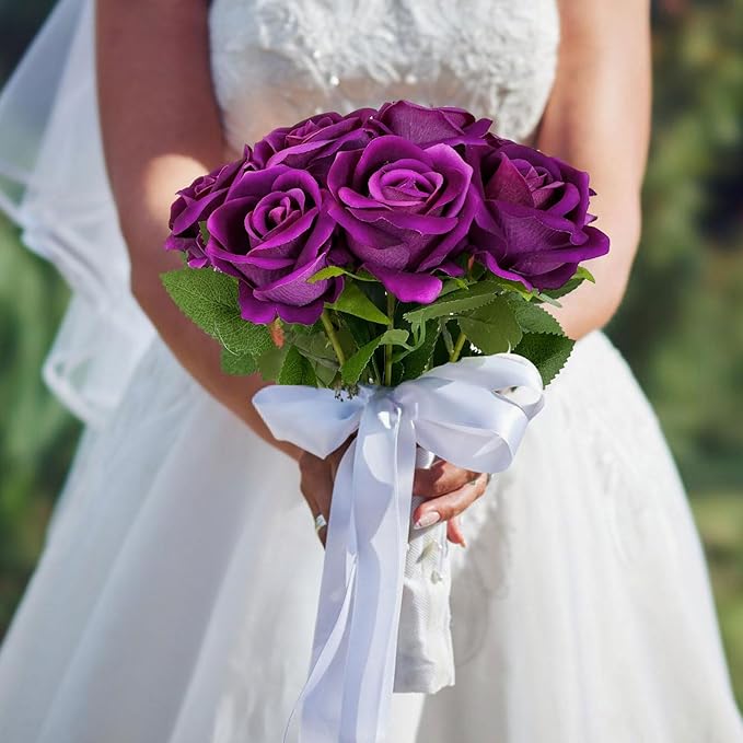 10 PCS Artificial Roses with Long Stems Silk Flowers Realistic Foam Flowers Fake Roses for Valentine's Day Home Wedding Halloween Decor(Rose Purple)