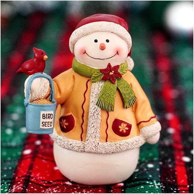 Snowman Figurine Christmas Decorations Indoor – Resin Snowman with Bird & Seed Bucket, Winter Tabletop Christmas Home Decor, Cute Seasonal Ornament for Holiday Display