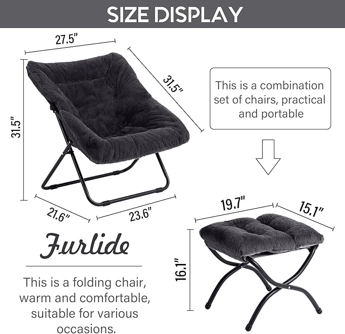 Oversized Folding Faux Fur Chair with Ottoman, X-Large Soft Saucer Chair, Foldable Metal Frame for Bedroom, Living Room, Balcony (Black)