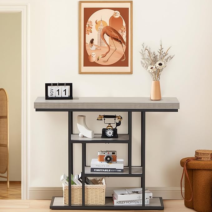 HABUTWAY 42" Industrial Console Table, Narrow 4-Tier Wood Entryway Table for Living Room, Accent Tables Living Room, Hallway Table, Sofa Table for Front Door, Hallway, Foyer, Rustic Grey