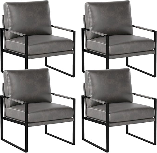 INZOY Mid Century Modern Accent Chair with Removable Cushions Set of 4, Comfy PU Leather Living Room Chairs with Thicker Backrest and Cushion, Metal Frame Design, Dark Grey