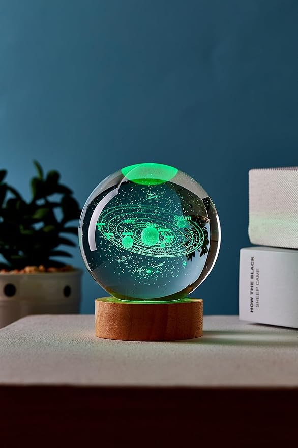 Solar System Crystal Ball Lamp with LED Wooden Base, 16 Colors Change & Remote Control Galaxy Crystal Ball Night Light, Upgraded 3.15 Inch Glass Light, Planet Gift for Kids Wife (Solar System)